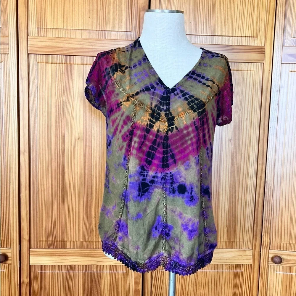 Advance Apparels Medium Vibrant Tie Dye Blouse Crochet Artsy Colorful - Picture 3 of 9